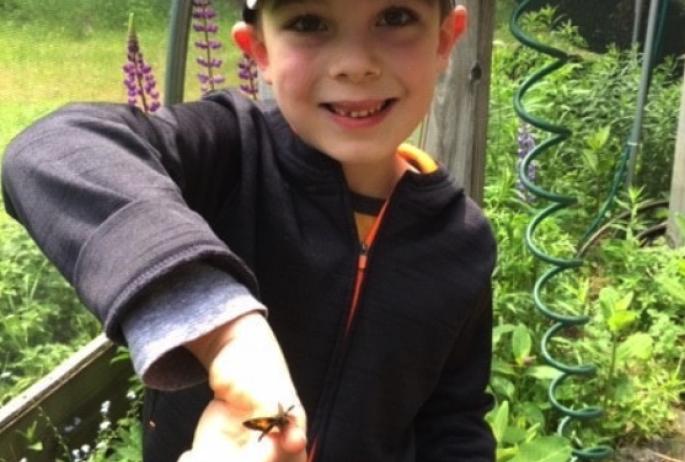 A small boy poses outdoors with a live butterfly on his hand.