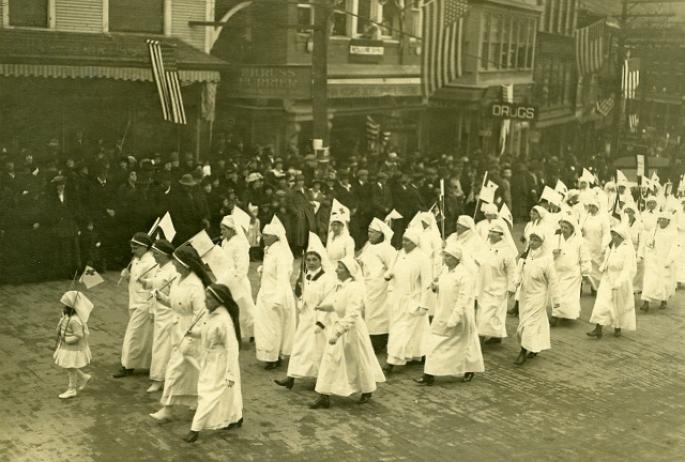 curing was so important in the aftermath of the war effort that nurses marched in the parade welcoming veterans back (courtesy of Historic Saranac Lake wiki website)