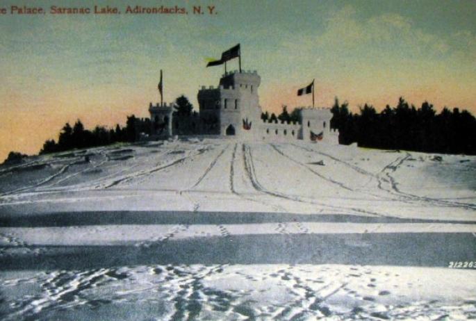 postcard of early Ice Palace, showing the slope of Slater Hill