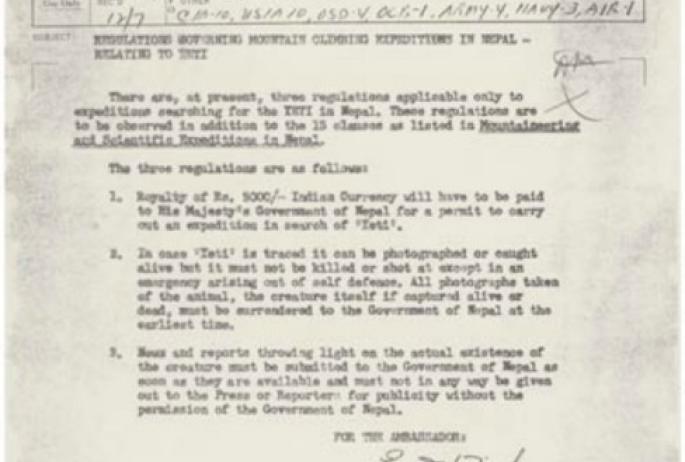 a Yeti memo from the embassy written on State Department letterhead