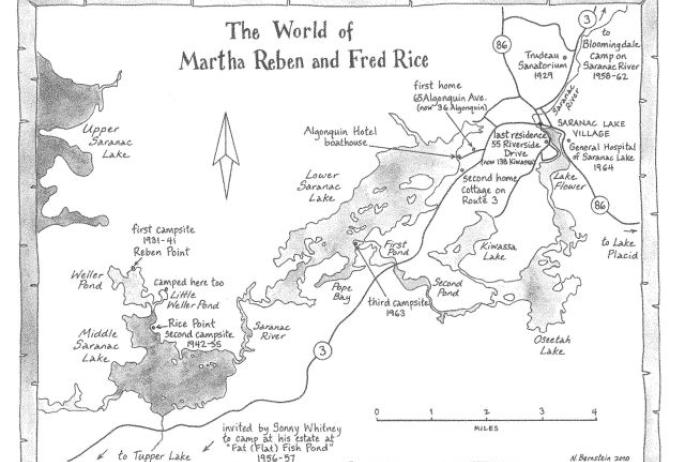 Map of the various destinations Martha & Fred would share - map by Nancy Bernstein. Source: Historic Saranac Lake.