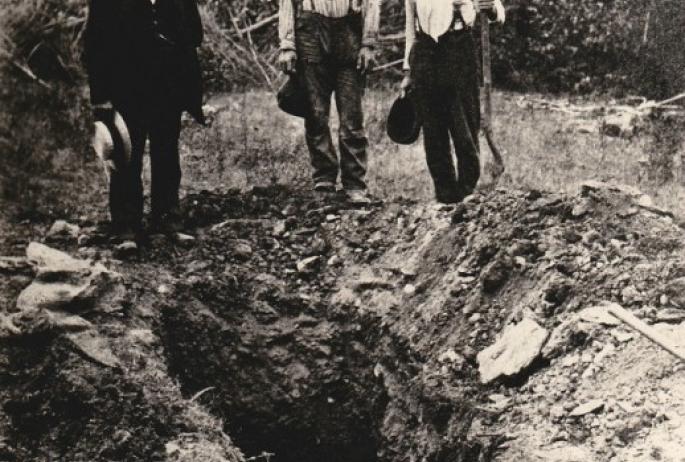 Brandebury and the Foremans pose at the grave (Stutler Collection, Charleston, WV)
