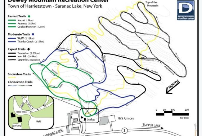 winter map of Dewey Mountain trails, cross-country, snowshoe, and skate