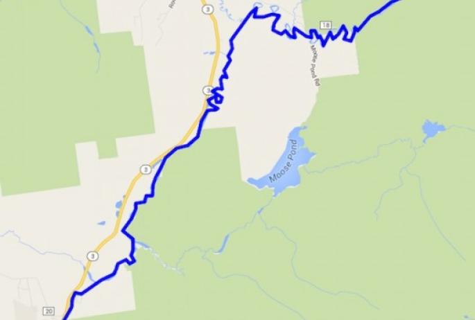 Map showing the paddling route in the Saranac River starting in Saranac Lake and ending in Bloomingdale, NY