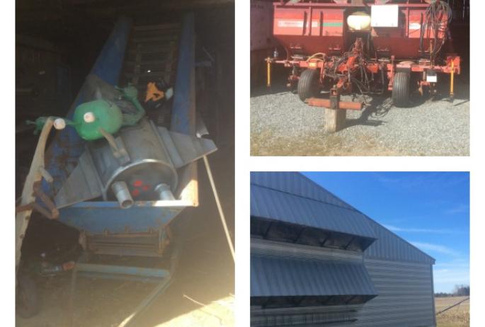 tater equipment - (left) the machine which cuts the potatoes into planting pieces, according to their size; (upper right) the four-row planter, (bottom right) the windowless, climate-controlled shed for long term storage