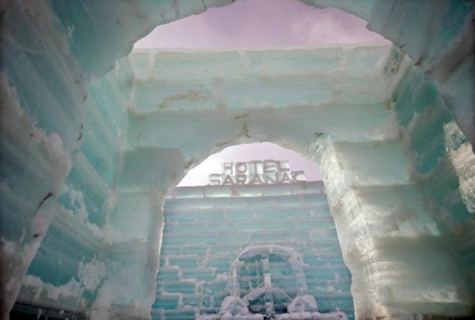 in 2015, the importance of the Hotel Saranac led to it being recreated in ice for the annual Winter Carnival (photo courtesy AP-New-York-Daily)