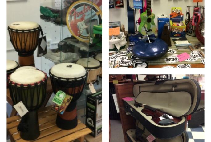 So many instruments available at Ampersound: ukelele, idiophone, kazoo, drums, and violins.