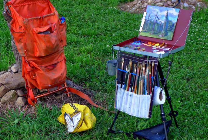 New materials mean our painting packs are easier to carry, but bushwhacking is still hard work! (Photo by Carol L. Douglas)