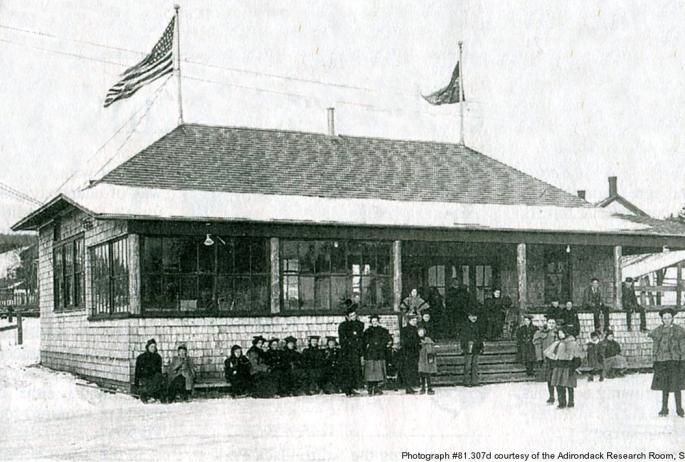 The Pontiac Club House was located in what is now the park across River Street from the foot of Franklin Avenue, roughly the location of the Ice Palace today. Photo courtesy of Saranac Lake Historical Society.