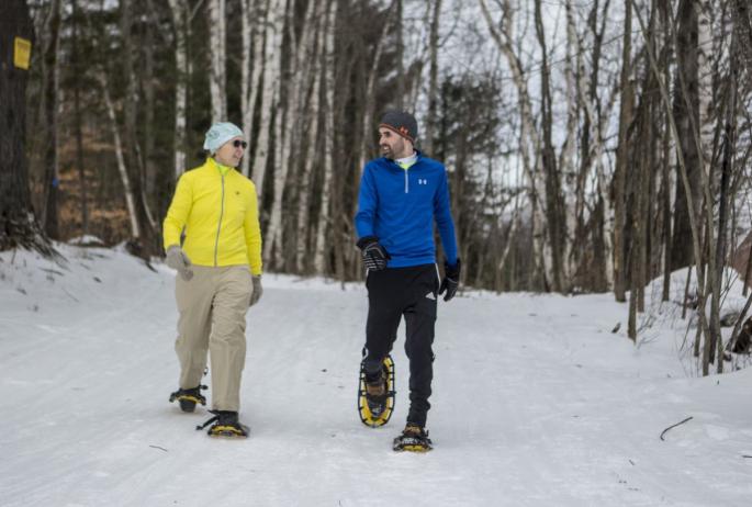Wide, groomed trails make snowshoeing easy.