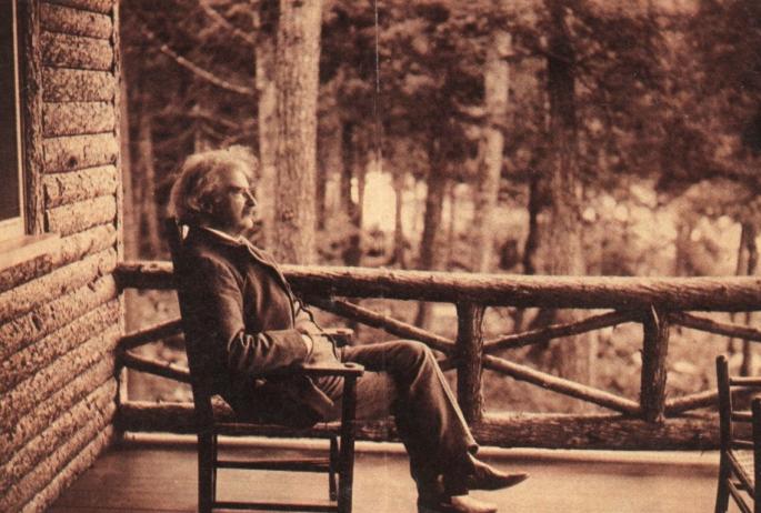 A sepia photo of Mark Twain on the porch at the Drury home. Photo courtesy Mark Twain Mapleworks.