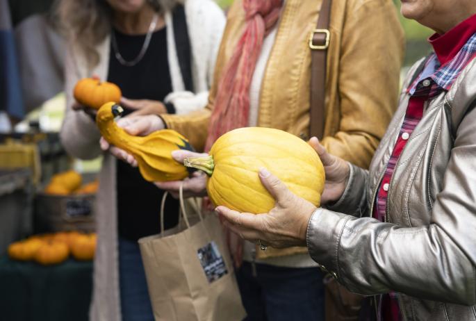 Several women hold gourds and pumpkins at a farm stand