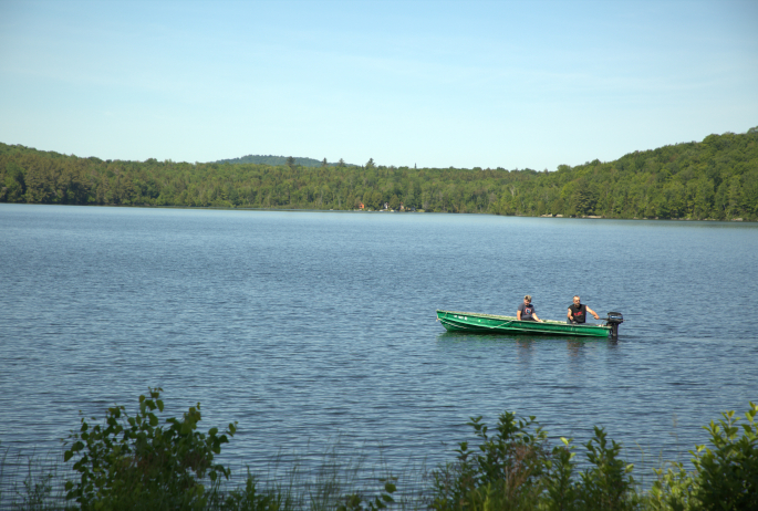 green row boat on Lake. Sunny summer day
