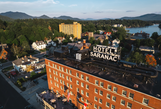 Aerial view of Saranac Lake in the summer