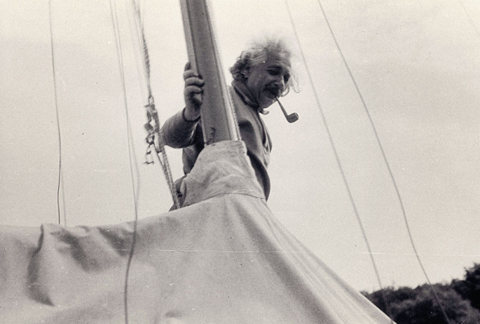 Albert Einstein sailing his boat on Lower Saranac.