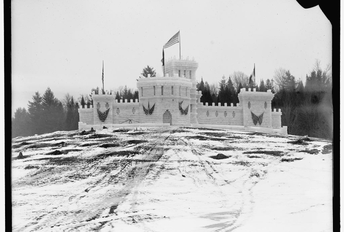 A historical photo of the Saranac Lake Winter Carnival ice palace.