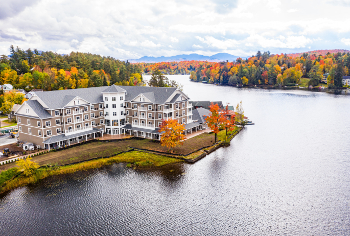 The Saranac Lake waterfront in the fall.
