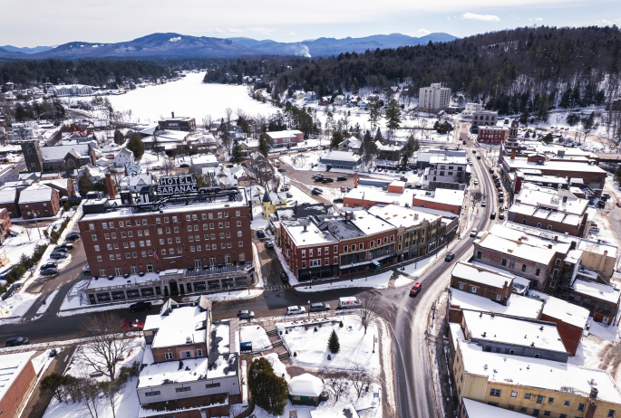 Aerial view of Saranac Lake in the winter
