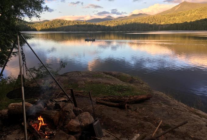 campfire near the shore of Moose Pond
