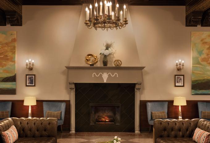 Photograph of the fireplace in Hotel Saranac's great hall