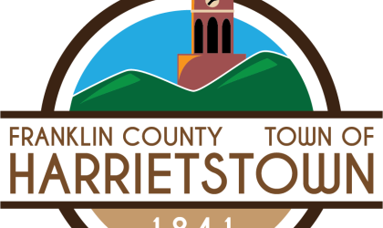 Illustration of the clock tower over the words Franklin County Town of Harrietstown 1841 New York