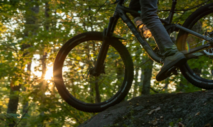 The silhouette of a mountain bike in front of a forest