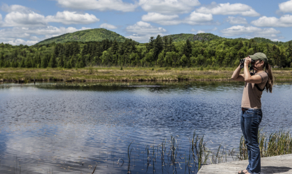 A birder looks through binoculars