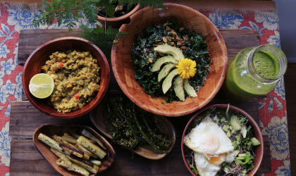 Various bowls of vegetables in beautiful and nourishing combinations.