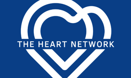 A blue background with white heart and The Heart Network across.