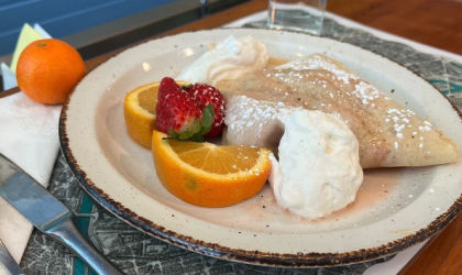 A crepe and fresh fruit on a plate.