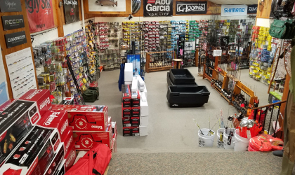 The view of the interior offerings at Blue Line Sports from the stairs that lead up to the camping area.